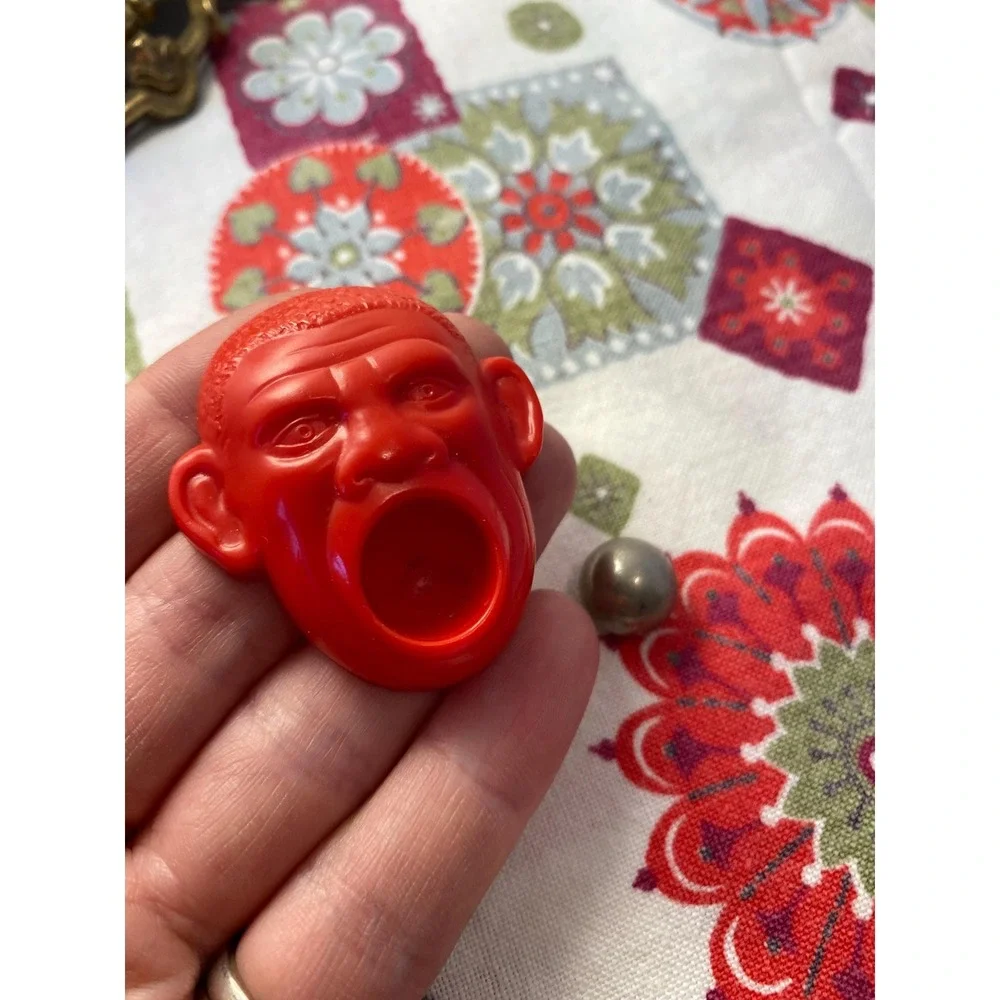 Vintage Red‎ Plastic Monkey Head Novelty Toy with Removable Silver Ball Charm